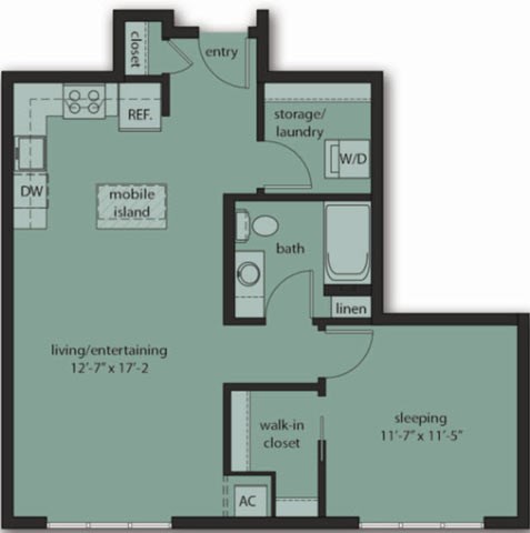 Floor plan for 1 bed, 1 bath, 720 sqft