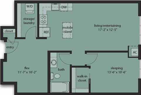 Floor plan for 1 bed, 1 bath, 833 sqft