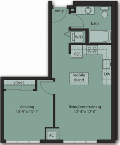 Floor plan for 1 bed, 1 bath, 591 sqft