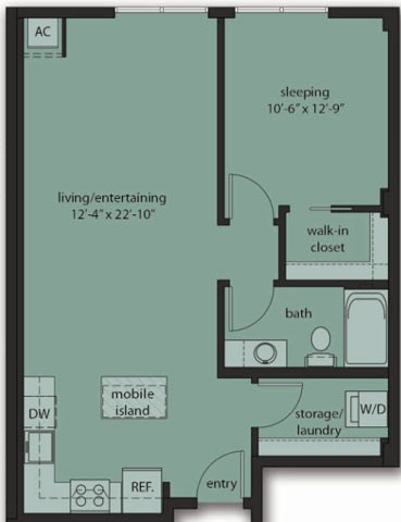 Floor plan for 1 bed, 1 bath, 762 sqft