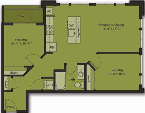 Floor plan for 2 beds, 1 bath, 890 sqft