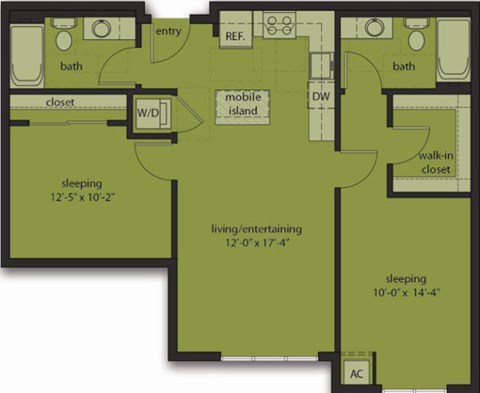 Floor plan for 2 beds, 2 baths, 915 sqft