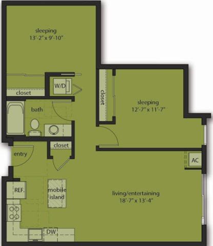 Floor plan for 2 beds, 1 bath, 884 sqft