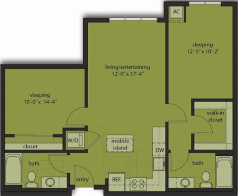 Floor plan for 2 beds, 2 baths, 972 sqft