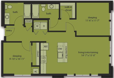 Floor plan for 2 beds, 2 baths, 1001 sqft