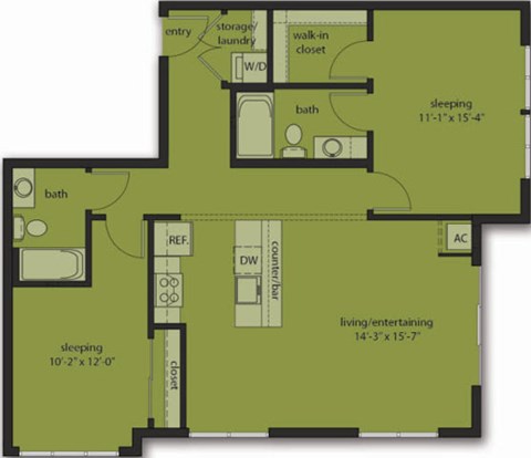 Floor plan for 2 beds, 2 baths, 1082 sqft