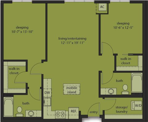 Floor plan for 2 beds, 2 baths, 1060 sqft