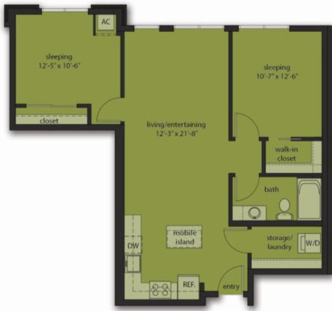 Floor plan for 2 beds, 1 bath, 936 sqft