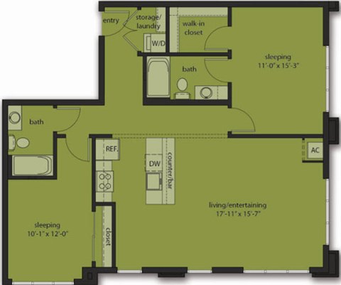 Floor plan for 2 beds, 2 baths, 1142 sqft