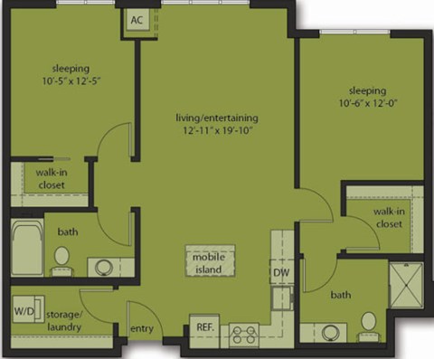 Floor plan for 2 beds, 2 baths, 1012 sqft