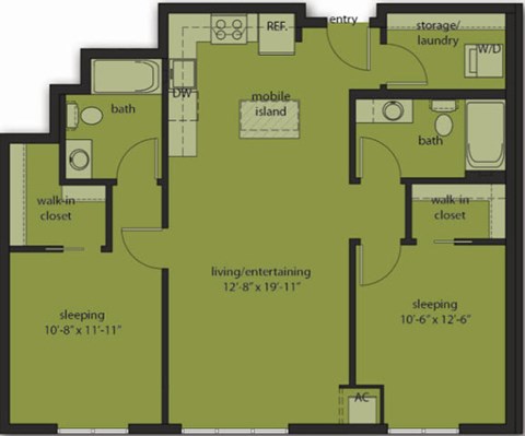 Floor plan for 2 beds, 2 baths, 992 sqft