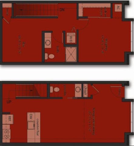 Floor plan for 1 bed, 1.5 baths, 1022 sqft