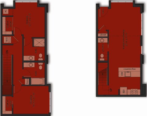 Floor plan for 2 beds, 2.3 baths, 1145 sqft