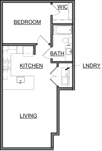 Floor plan for 1 bed, 1 bath, 642 sqft