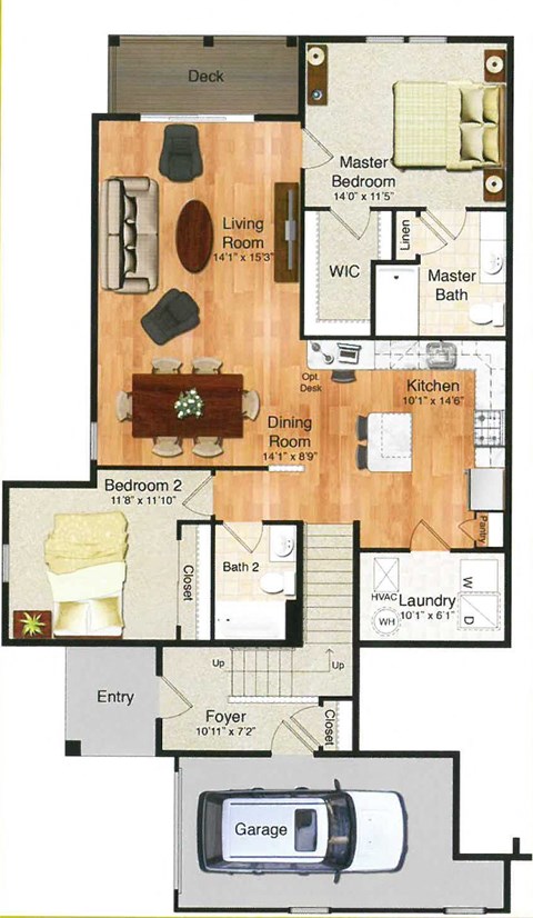 Floor plan for 2 beds, 2 baths, 1490 sqft