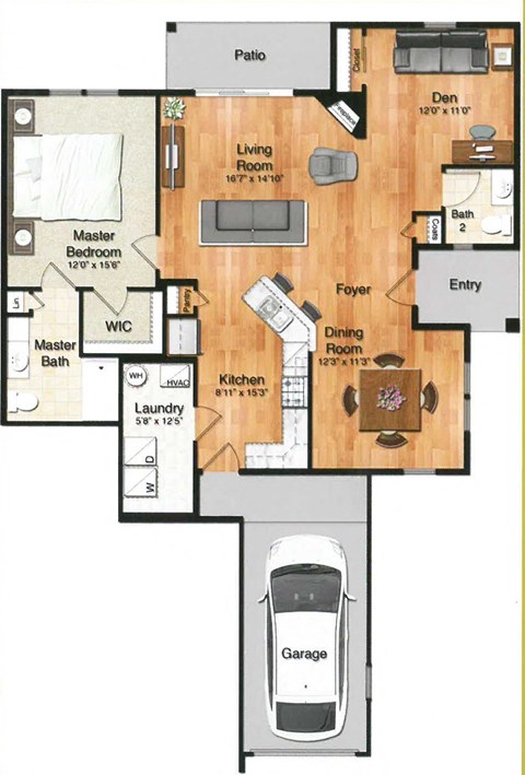 Floor plan for 1 bed, 2 baths, 1284 sqft