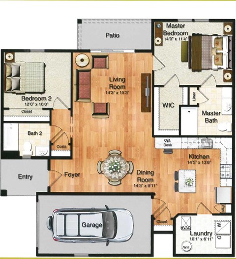 Floor plan for 2 beds, 2 baths, 1276 sqft