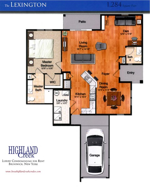 Floor plan for 1 bed, 2 baths, 1284 sqft
