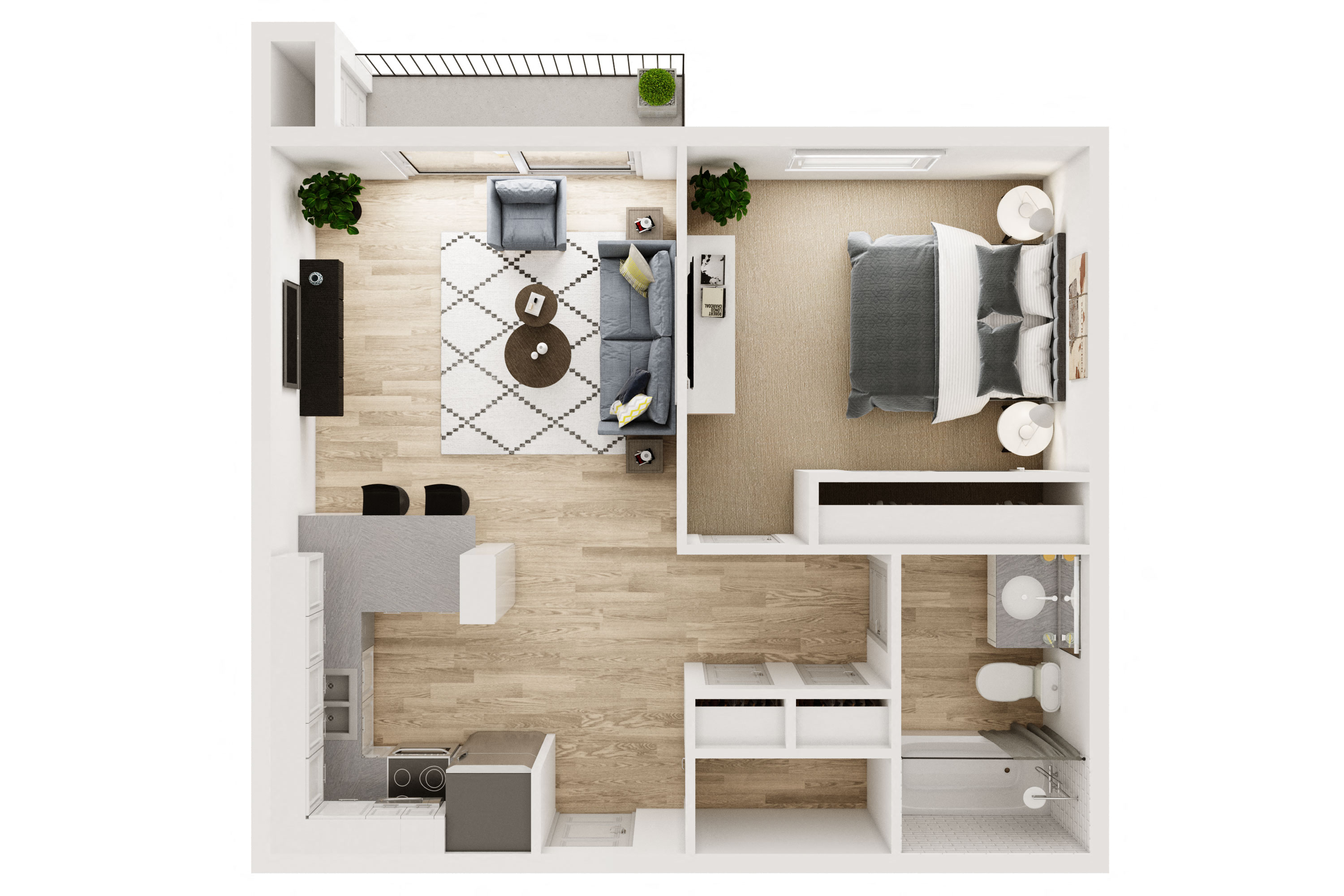 Floor plan for 1 bed, 1 bath, 670 sqft
