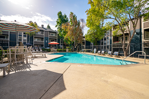 Martinez apartment for rent - A swimming pool surrounded by chairs and trees.