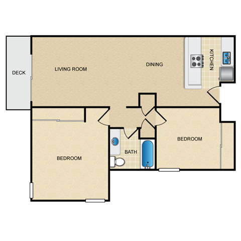 Floor plan for 2 beds, 1 bath, 910 sqft