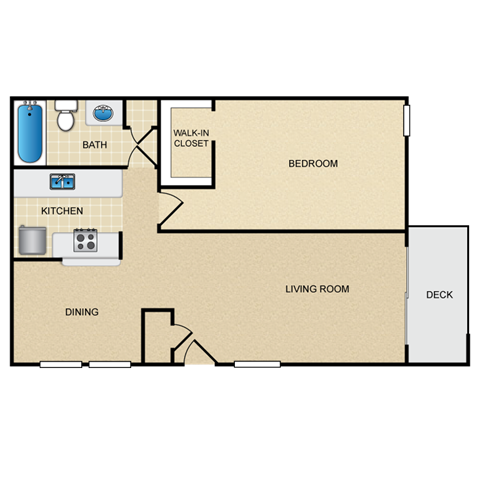 Floor plan for 1 bed, 1 bath, 665 sqft