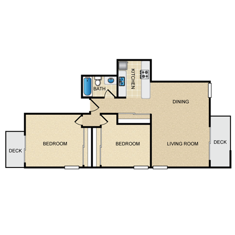 Floor plan for 2 beds, 1 bath, 948 sqft