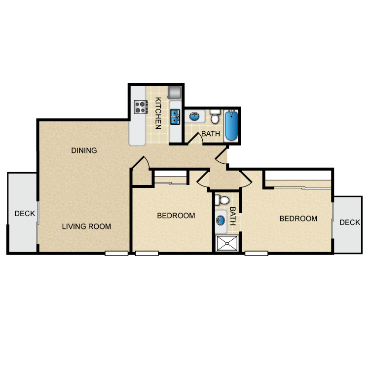 Floor plan for 2 beds, 2 baths, 950 sqft