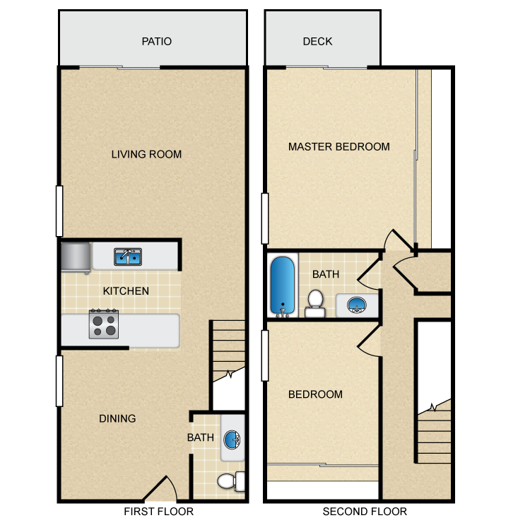 Floor plan for 2 beds, 1.5 baths, 1100 sqft