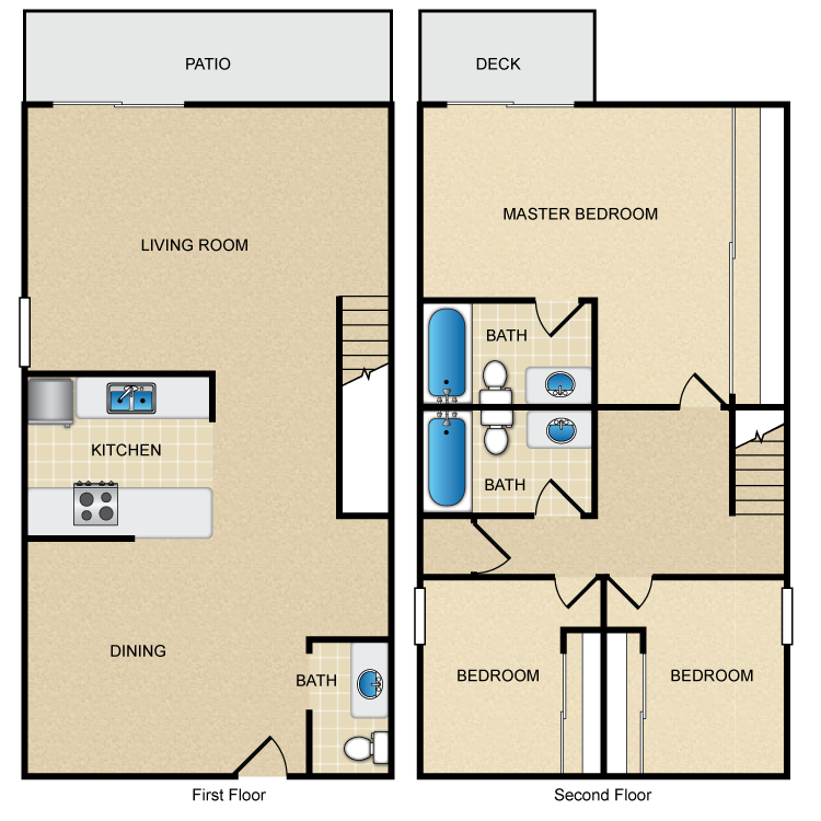 Floor plan for 3 beds, 2.5 baths, 1300 sqft