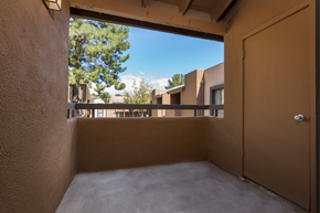 Phoenix apartment for rent - A view from inside a room looking out through a window at a courtyard with trees and buildings.