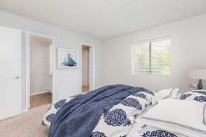 Phoenix apartment for rent - A bedroom with a bed covered in a blue and white comforter.