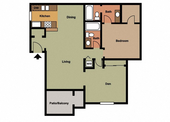 Floor plan for 1 bed, 2 baths, 907 sqft