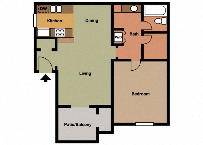 Floor plan for 1 bed, 1 bath, 681 sqft