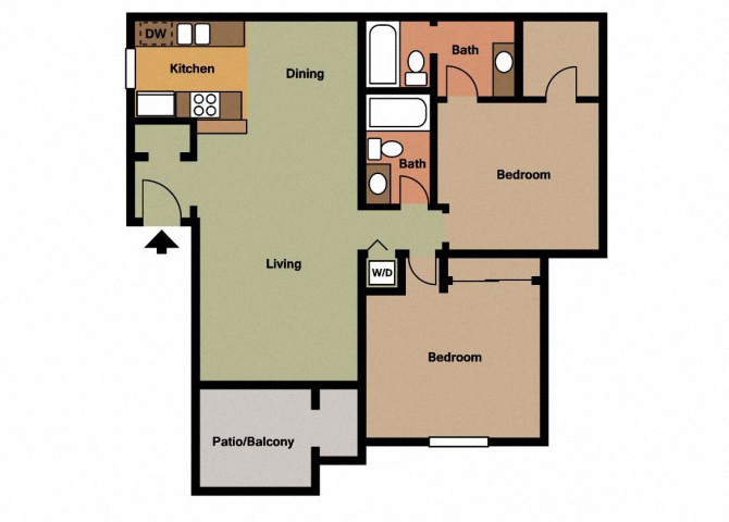 Floor plan for 2 beds, 2 baths, 907 sqft