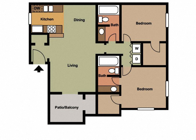 Floor plan for 2 beds, 2 baths, 981 sqft