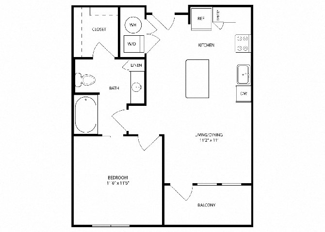 Floor plan for 1 bed, 1 bath, 618 sqft