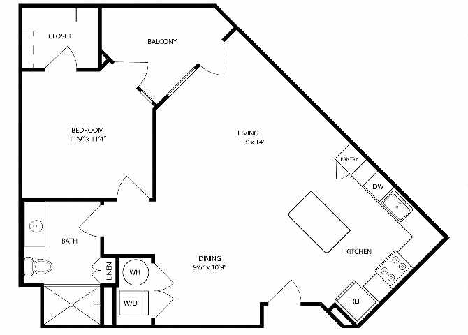 Floor plan for 1 bed, 1 bath, 802 sqft
