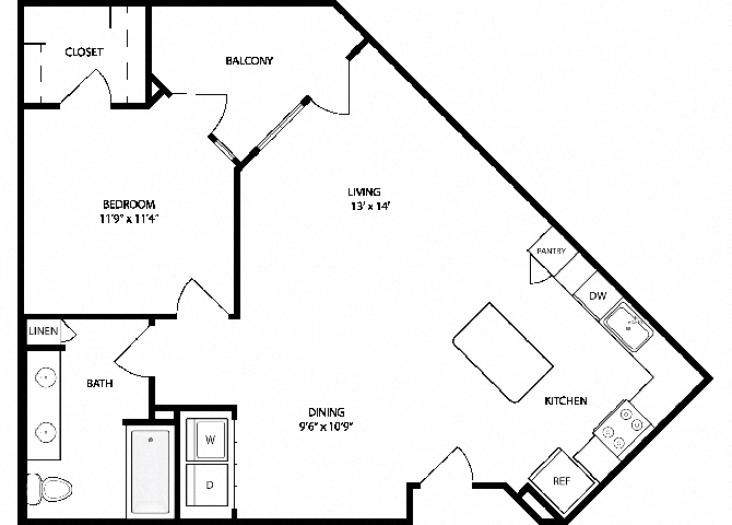 Floor plan for 1 bed, 1 bath, 868 sqft