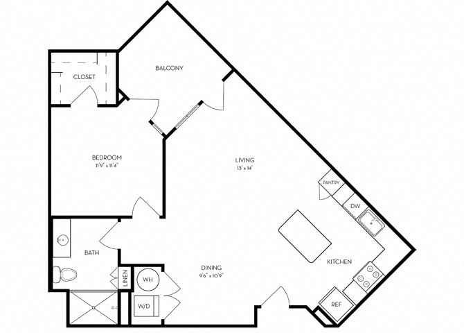 Floor plan for 1 bed, 1 bath, 802 sqft
