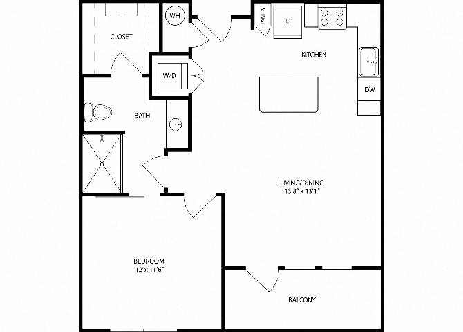 Floor plan for 1 bed, 1 bath, 703 sqft