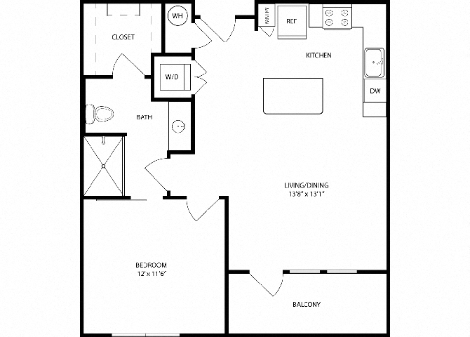 Floor plan for 1 bed, 1 bath, 734 sqft