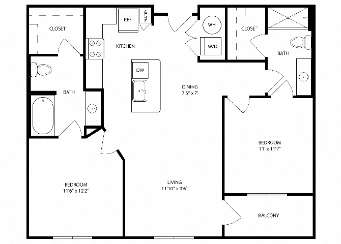 Floor plan for 2 beds, 2 baths, 974 sqft