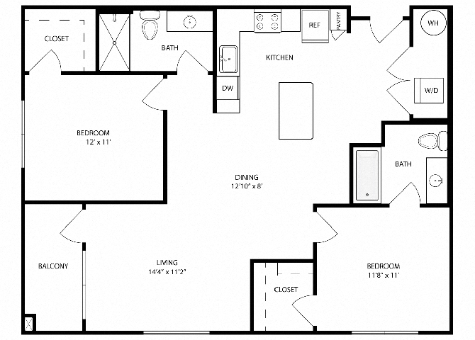 Floor plan for 2 beds, 2 baths, 1046 sqft