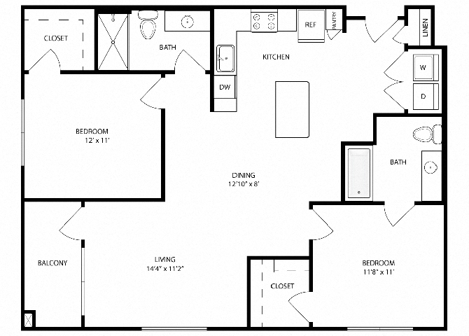 Floor plan for 2 beds, 2 baths, 1109 sqft