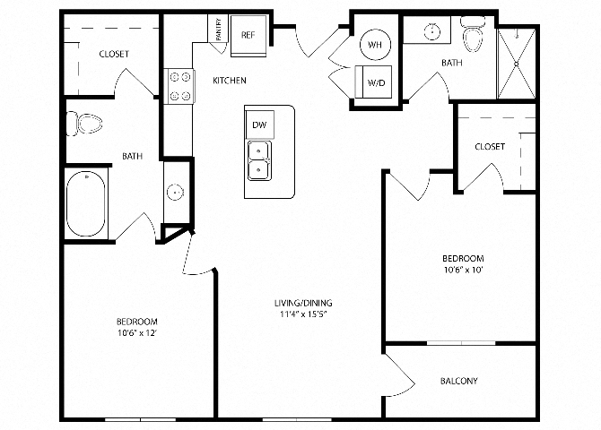 Floor plan for 2 beds, 2 baths, 918 sqft