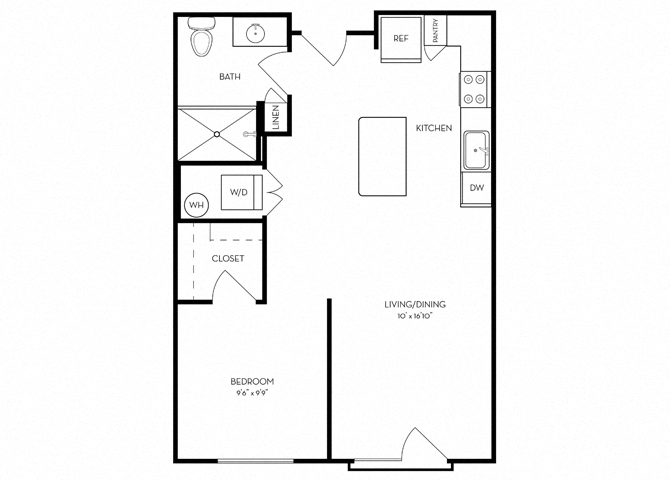 Floor plan for studio, 1 bath, 606 sqft