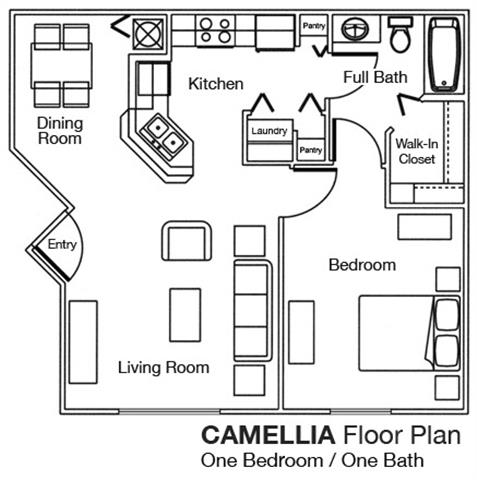 Floor plan for 1 bed, 1 bath, 702 sqft