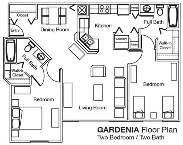 Floor plan for 2 beds, 2 baths, 991 sqft