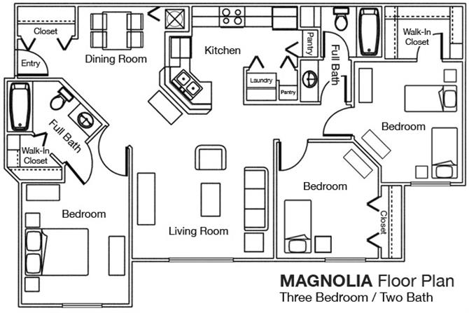 Floor plan for 3 beds, 2 baths, 1143 sqft